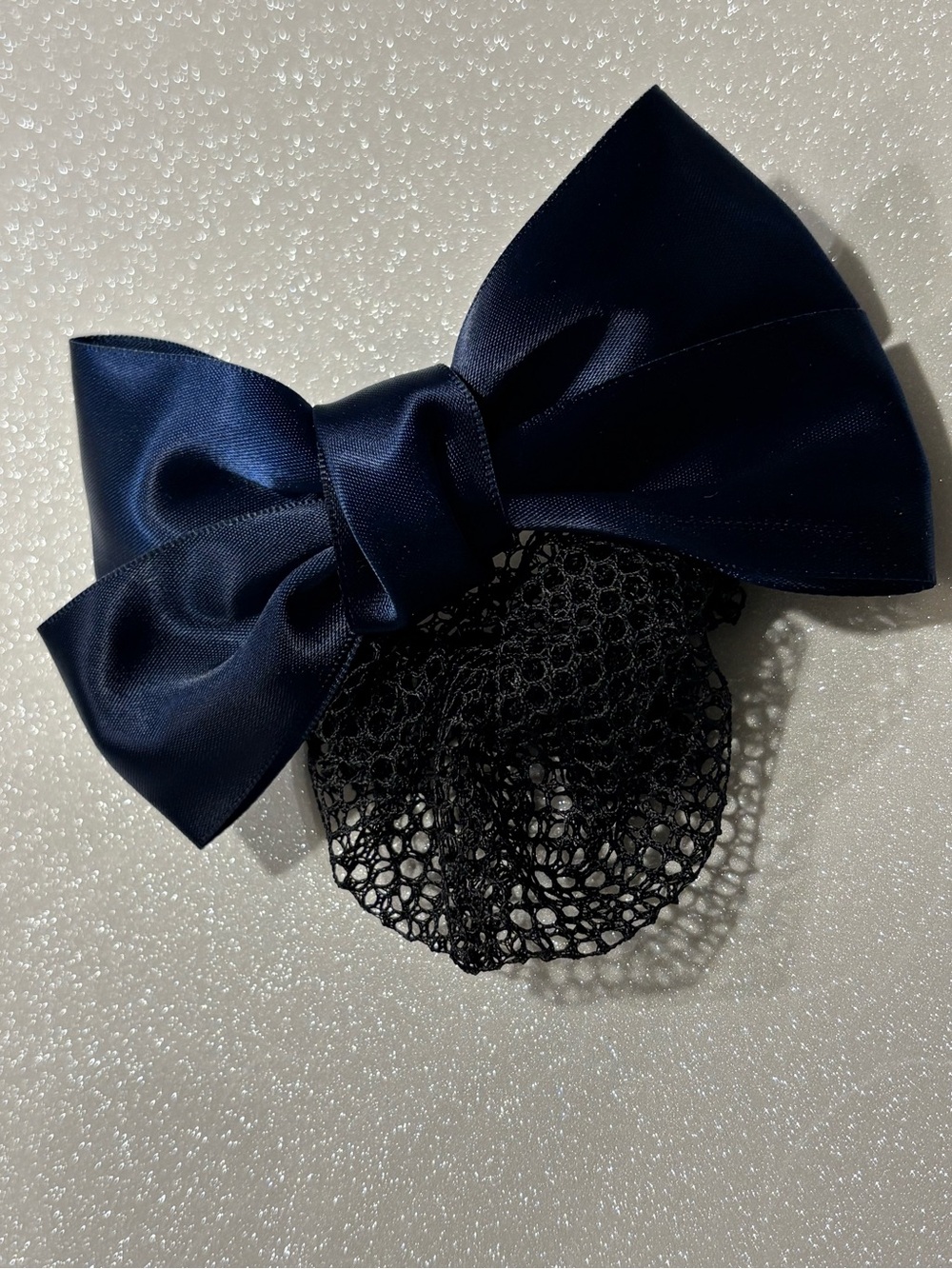 Navy Satin Bow Hair Clip with Black Mesh Snood